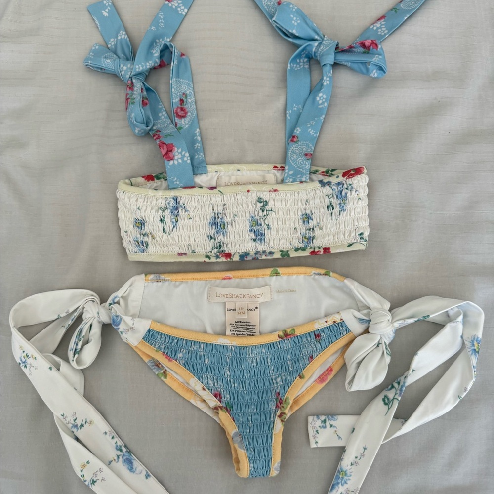 LoveShackFancy Blue and Cream Floral Bikini